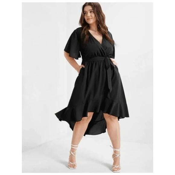 5X 28 Plus Size Black BloomChic Solid Tie Surplice Ruffle High Low Dress - Picture 4 of 7